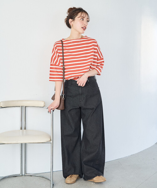 FREAK'S STORE(フリークスストア)の「限定展開 ボートネック バスク ボーダー 半袖 Tシャツ(Tシャツ/カットソー・レディース・オフホワイト/ブルー/グリーン/ブラウン/ブラック/ネイビー/オレンジ/ベージュ・フリ-)」の19枚目の写真