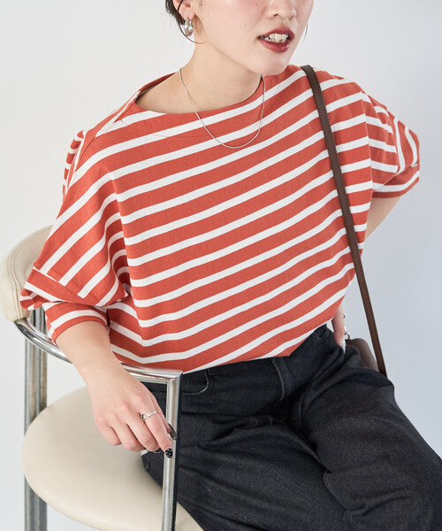 限定展開 ボートネック バスク ボーダー 半袖 Tシャツ（Tシャツ