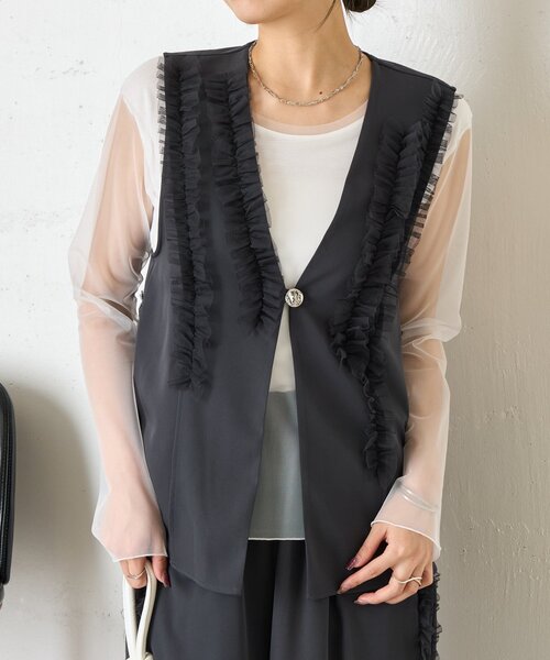 Jena espace merveilleux（ジェナ　エスパスメルヴェイユ）の「フリルチュールセットアップ（ワンピース・レディース・ネイビー/ダークグレー・FREE）」の7枚目の写真