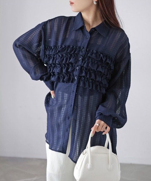 Riberry（リベリー）の「フリルシアーシャツ/ブラウス（シャツ/ブラウス・レディース・ブラック/ブルー/オフホワイト/ネイビー・MEDIUM）」の3枚目の写真