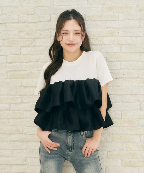 Olu.(オルドット)の「ボリュームフリルドッキングトップス(Tシャツ/カットソー・レディース・ホワイト/ブラック・FREE)」の15枚目の写真