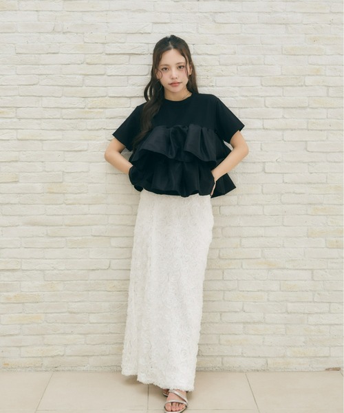 Olu.(オルドット)の「ボリュームフリルドッキングトップス(Tシャツ/カットソー・レディース・ホワイト/ブラック・FREE)」の5枚目の写真