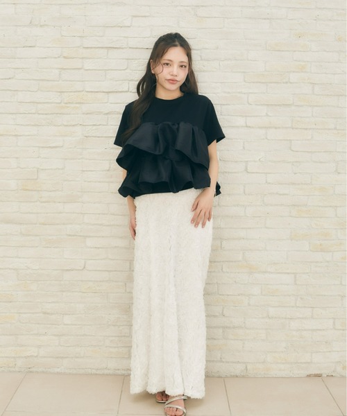 Olu.(オルドット)の「ボリュームフリルドッキングトップス(Tシャツ/カットソー・レディース・ホワイト/ブラック・FREE)」の6枚目の写真