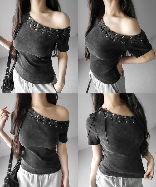 me+em select(ミームセレクト)の「※※【 2color 】ヴィンテージカットアウトレースアップ半袖ワンショルリブトップス / vintage cutout laceup short sleeve one shoulder lib tops(Tシャツ/カットソー・レディース・ブラック/ライトグレー・FREE)」の3枚目の写真