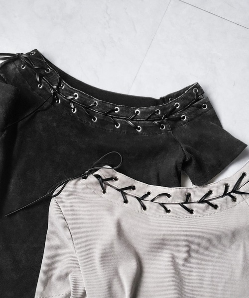 me+em select(ミームセレクト)の「※※【 2color 】ヴィンテージカットアウトレースアップ半袖ワンショルリブトップス / vintage cutout laceup short sleeve one shoulder lib tops(Tシャツ/カットソー・レディース・ブラック/ライトグレー・FREE)」の8枚目の写真