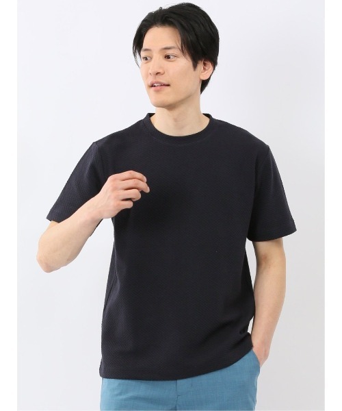 TAKA-Q(タカキュー)の「【綿混】タカキュー チェック ジャガード クルーネック 半袖 Tシャツ(Tシャツ/カットソー・メンズ・ネイビー/ライトグレー・MEDIUM/LARGE/X-LARGE)」の2枚目の写真