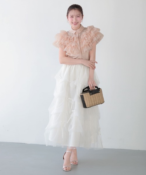 Fit more(フィットモア)の「ボリュームチュールフリルトップス(シャツ/ブラウス・レディース・コーラル/ホワイト/ブルー・FREE)」の6枚目の写真
