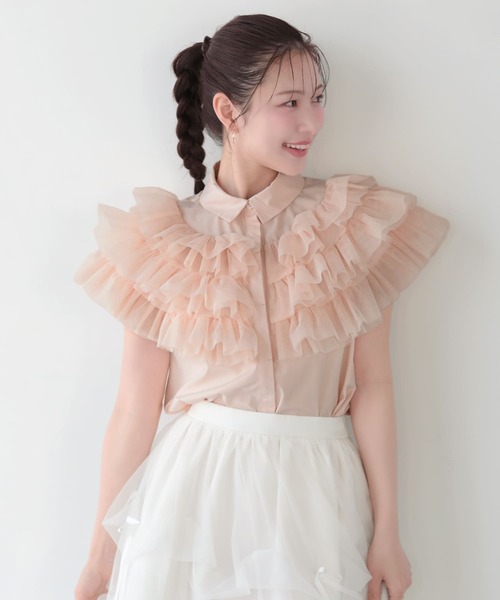 Fit more(フィットモア)の「ボリュームチュールフリルトップス(シャツ/ブラウス・レディース・コーラル/ホワイト/ブルー・FREE)」の7枚目の写真