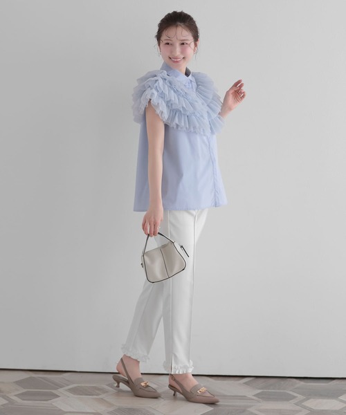 Fit more(フィットモア)の「ボリュームチュールフリルトップス(シャツ/ブラウス・レディース・コーラル/ホワイト/ブルー・FREE)」の9枚目の写真
