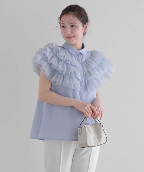 Fit more(フィットモア)の「ボリュームチュールフリルトップス(シャツ/ブラウス・レディース・コーラル/ホワイト/ブルー・FREE)」の10枚目の写真