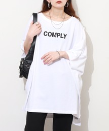 胸元刺繍ロゴ バックロゴプリント ドルマン Tシャツ チュニック トップス 半袖