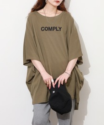 胸元刺繍ロゴ バックロゴプリント ドルマン Tシャツ チュニック トップス 半袖