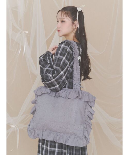 merry jenny(メリージェニー)の「レースデコラティブトートbag(トートバッグ・レディース・チャコールグレー/オフホワイト・FREE)」の3枚目の写真
