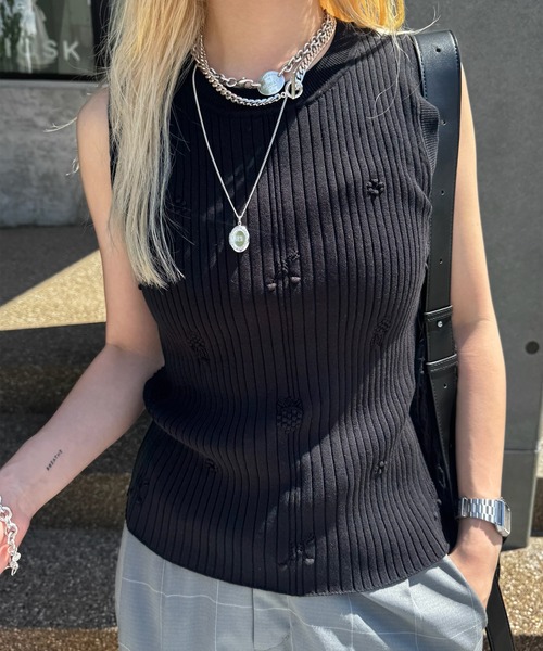 Ameri(アメリ)の「MEDI FRUIT RIB KNIT TANK(タンクトップ・レディース・クリーム/ライトブルー/ブラック・FREE)」の1枚目の写真