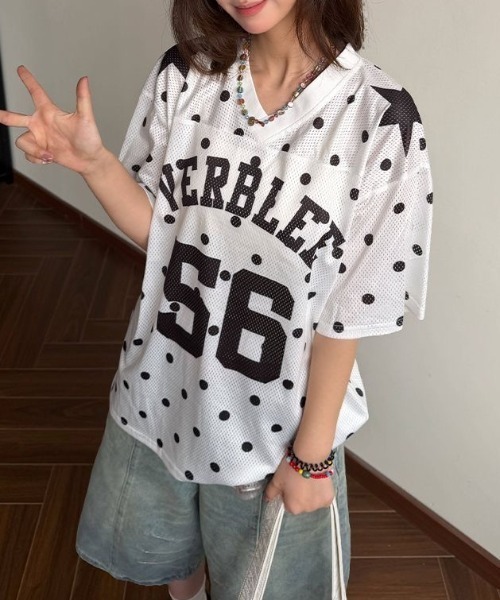 lilful（リルフル）の「【26年春夏新作】ドット柄 ナンバリングロゴ メッシュゲームシャツ（Tシャツ/カットソー・レディース・ホワイト・M/L）」の7枚目の写真
