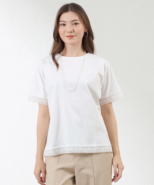 amaca（アマカ）の「プレーティング天竺 レース切替Tシャツ（Tシャツ/カットソー・レディース・オフホワイト/ダークネイビー/グリーン・40/38）」の2枚目の写真