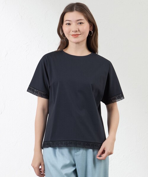 amaca（アマカ）の「プレーティング天竺 レース切替Tシャツ（Tシャツ/カットソー・レディース・オフホワイト/ダークネイビー/グリーン・40/38）」の3枚目の写真