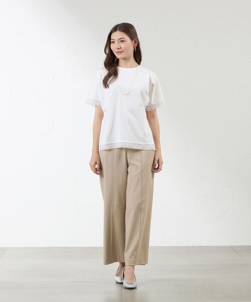 amaca（アマカ）の「プレーティング天竺 レース切替Tシャツ（Tシャツ/カットソー・レディース・オフホワイト/ダークネイビー/グリーン・40/38）」の4枚目の写真