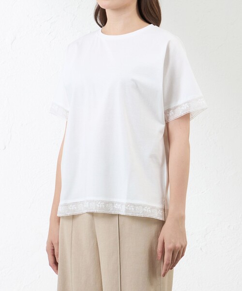 amaca（アマカ）の「プレーティング天竺 レース切替Tシャツ（Tシャツ/カットソー・レディース・オフホワイト/ダークネイビー/グリーン・40/38）」の9枚目の写真