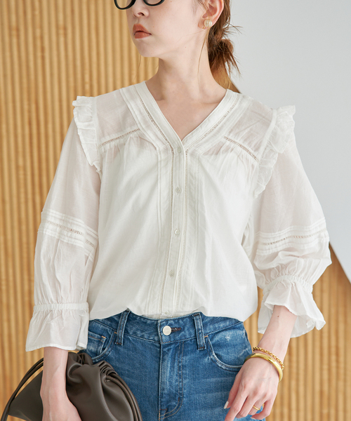 IENA イエナ カットワークレース フリルカラーブラウス アイレット 