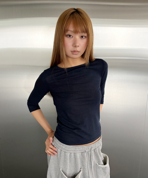 CHICKS(チックス)の「リネン7部Tシャツネイビー(Tシャツ/カットソー・レディース・ネイビー・ONE SIZE)」の1枚目の写真