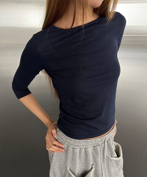 CHICKS(チックス)の「リネン7部Tシャツネイビー(Tシャツ/カットソー・レディース・ネイビー・ONE SIZE)」の2枚目の写真