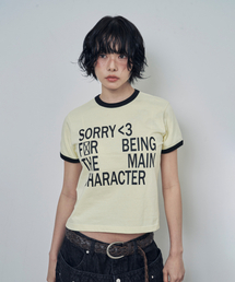 スローガンリンガー半袖Tシャツイエロー