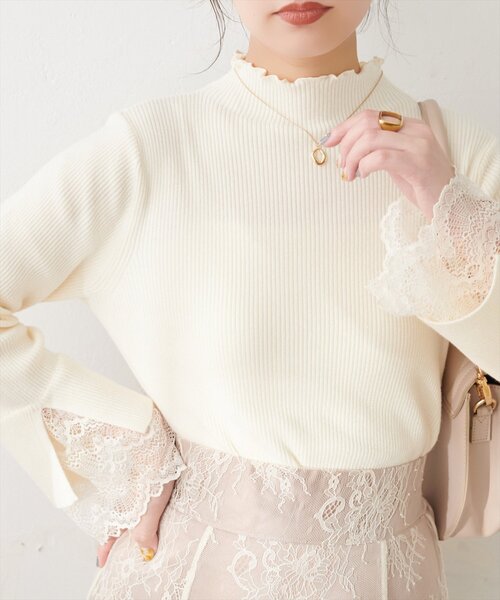 natural couture(ナチュラルクチュール)の「袖口レースもちもちリブタートル(ニット/セーター・レディース・ブラック系その他/チャコールグレー/ブラック/モカ/グレー/サックスブルー/グレイッシュベージュ/オフホワイト・FREE)」の9枚目の写真