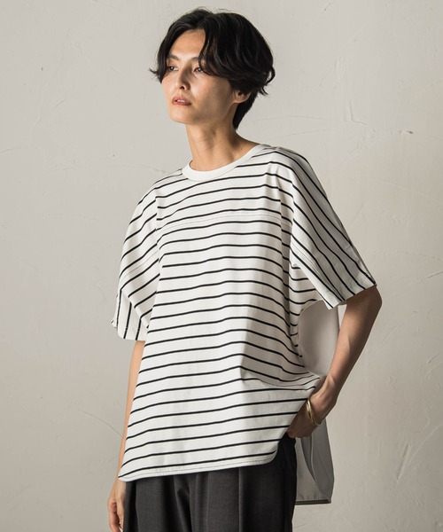 MAYSON GREY(メイソングレイ)の「ドライコットン5分袖BACK釦ドッキングプルオーバー(Tシャツ/カットソー・レディース・ホワイト系その他/ブラック/ベージュ・M)」の2枚目の写真