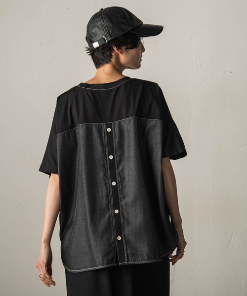MAYSON GREY(メイソングレイ)の「ドライコットン5分袖BACK釦ドッキングプルオーバー(Tシャツ/カットソー・レディース・ホワイト系その他/ブラック/ベージュ・M)」の1枚目の写真