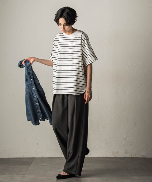 MAYSON GREY(メイソングレイ)の「ドライコットン5分袖BACK釦ドッキングプルオーバー(Tシャツ/カットソー・レディース・ホワイト系その他/ブラック/ベージュ・M)」の15枚目の写真