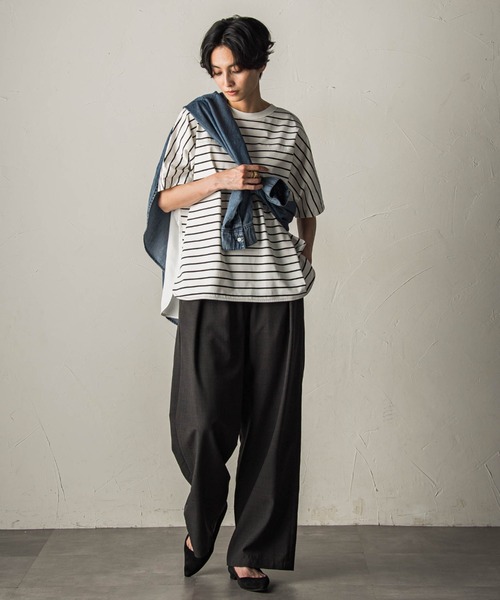 MAYSON GREY(メイソングレイ)の「ドライコットン5分袖BACK釦ドッキングプルオーバー(Tシャツ/カットソー・レディース・ホワイト系その他/ブラック/ベージュ・M)」の18枚目の写真
