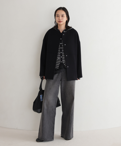 JOURNAL STANDARD（ジャーナルスタンダード）の「《追加》スーパー140ビーバーノーカラーショートコート（ノーカラーコート・レディース・ブラック/チョコ/ホワイト×ホワイト/グレー・36/38）」の5枚目の写真