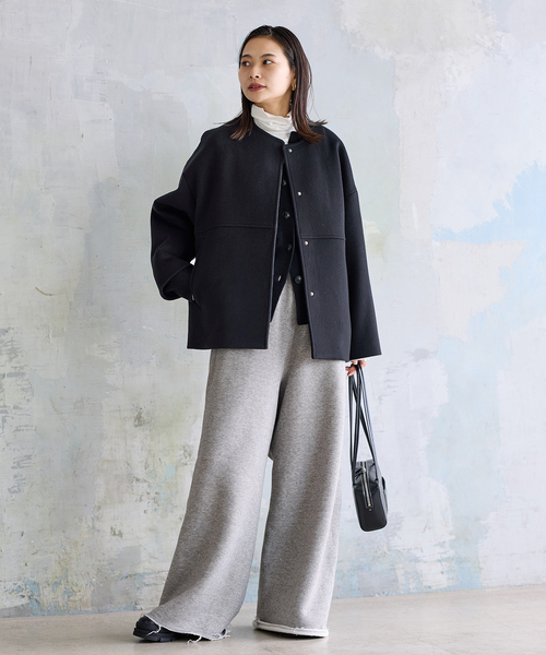 JOURNAL STANDARD（ジャーナルスタンダード）の「《追加》スーパー140ビーバーノーカラーショートコート（ノーカラーコート・レディース・ブラック/チョコ/ホワイト×ホワイト/グレー・36/38）」の7枚目の写真