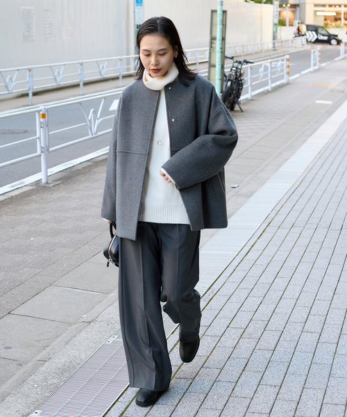 JOURNAL STANDARD（ジャーナルスタンダード）の「《追加》スーパー140ビーバーノーカラーショートコート（ノーカラーコート・レディース・ブラック/チョコ/ホワイト×ホワイト/グレー・36/38）」の9枚目の写真