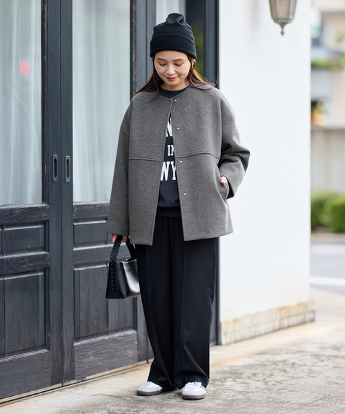 JOURNAL STANDARD（ジャーナルスタンダード）の「《追加》スーパー140ビーバーノーカラーショートコート（ノーカラーコート・レディース・ブラック/チョコ/ホワイト×ホワイト/グレー・36/38）」の10枚目の写真