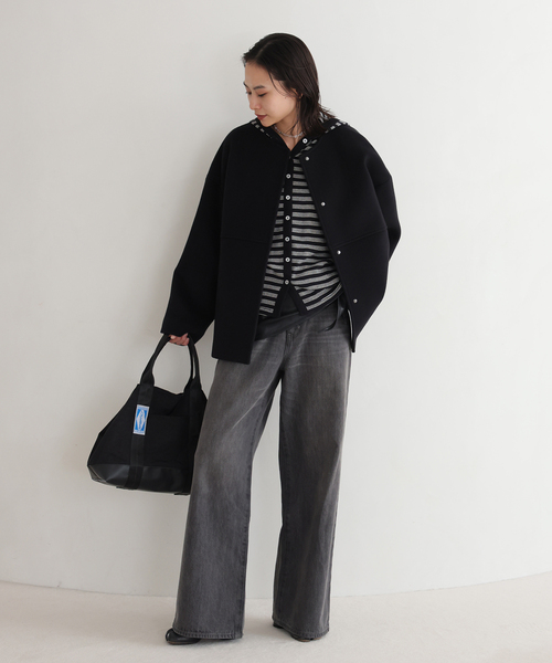 JOURNAL STANDARD（ジャーナルスタンダード）の「《追加》スーパー140ビーバーノーカラーショートコート（ノーカラーコート・レディース・ブラック/チョコ/ホワイト×ホワイト/グレー・36/38）」の14枚目の写真