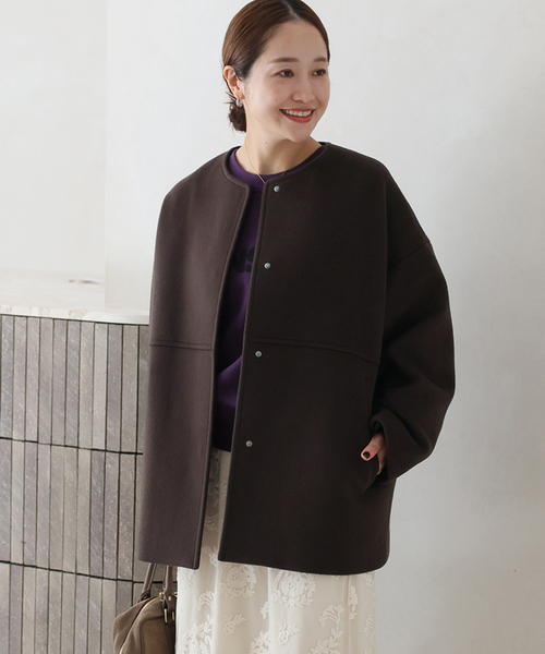 JOURNAL STANDARD（ジャーナルスタンダード）の「《追加》スーパー140ビーバーノーカラーショートコート（ノーカラーコート・レディース・ブラック/チョコ/ホワイト×ホワイト/グレー・36/38）」の18枚目の写真
