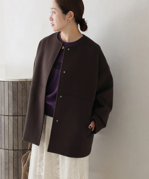 JOURNAL STANDARD（ジャーナルスタンダード）の「《追加》スーパー140ビーバーノーカラーショートコート（ノーカラーコート・レディース・ブラック/チョコ/ホワイト×ホワイト/グレー・36/38）」の19枚目の写真