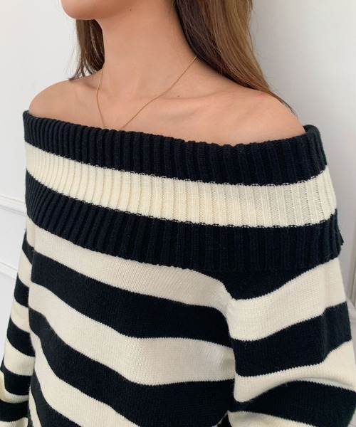 BIRTHDAY BASH(バースデイバッシュ)の「LIB OFF SHOULDER BORDER KNIT TOPS(リブオフショルダーボーダーニットトップス)(ニット/セーター・レディース・ブラック×ホワイト・FREE)」の16枚目の写真