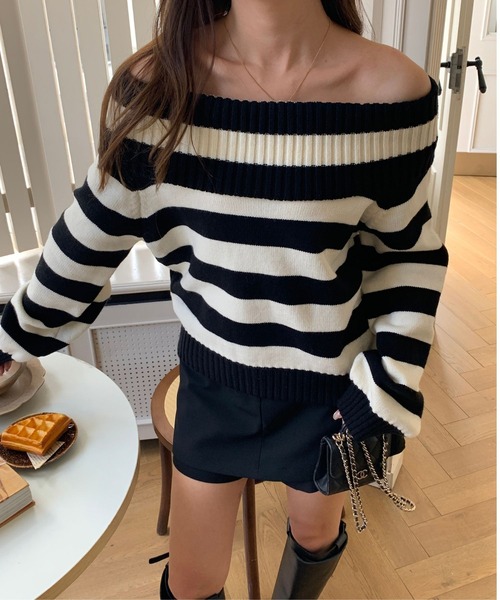 BIRTHDAY BASH(バースデイバッシュ)の「LIB OFF SHOULDER BORDER KNIT TOPS(リブオフショルダーボーダーニットトップス)(ニット/セーター・レディース・ブラック×ホワイト・FREE)」の12枚目の写真