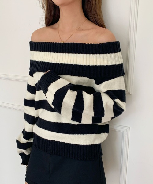 BIRTHDAY BASH(バースデイバッシュ)の「LIB OFF SHOULDER BORDER KNIT TOPS(リブオフショルダーボーダーニットトップス)(ニット/セーター・レディース・ブラック×ホワイト・FREE)」の13枚目の写真