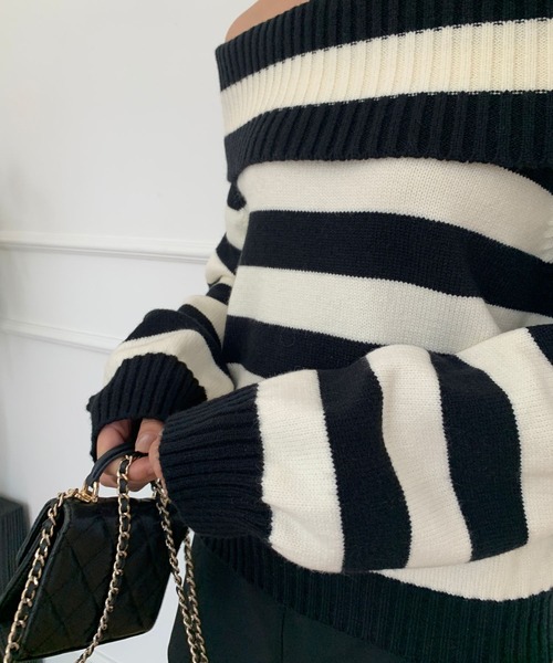 BIRTHDAY BASH(バースデイバッシュ)の「LIB OFF SHOULDER BORDER KNIT TOPS(リブオフショルダーボーダーニットトップス)(ニット/セーター・レディース・ブラック×ホワイト・FREE)」の15枚目の写真