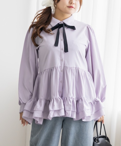 CLETTE(クレット)の「フリルティアードリボンタイブラウス(シャツ/ブラウス・レディース・ブルー/ラベンダー/オフホワイト・LL/3L/4L)」の14枚目の写真