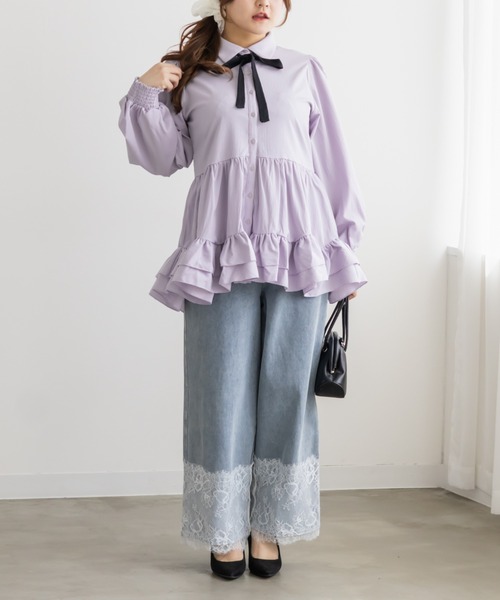 CLETTE(クレット)の「フリルティアードリボンタイブラウス(シャツ/ブラウス・レディース・ブルー/ラベンダー/オフホワイト・LL/3L/4L)」の15枚目の写真