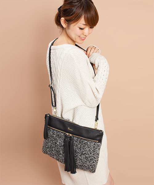 NANO universe（ナノユニバース）の「Beau're/NU別注ツイード×レザー2WAY BAG（クラッチバッグ・レディース・ブラック/ブルー/レッド・FREE）」の2枚目の写真