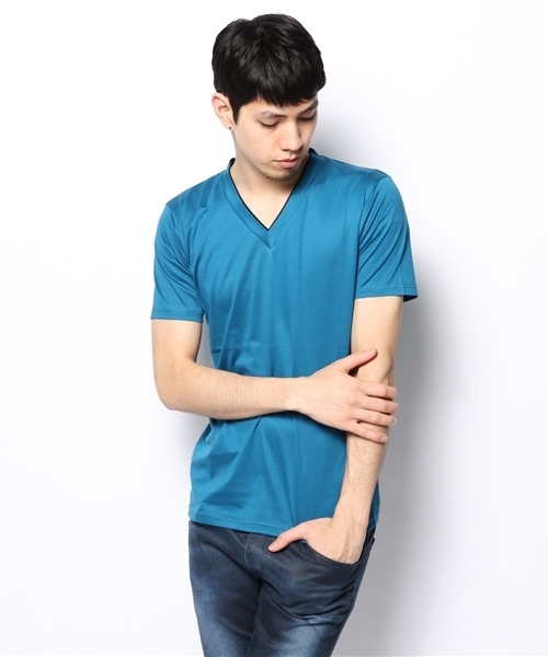 KATHARINE HAMNETT LONDON （キャサリンハムネットロンドン）の「HIGH COUNT SILKET / ハイカウントシルケットＴシャツ（Tシャツ/カットソー・メンズ・ネイビー/ホワイト/グリーン/ブルー・LARGE/MEDIUM/AL）」の4枚目の写真