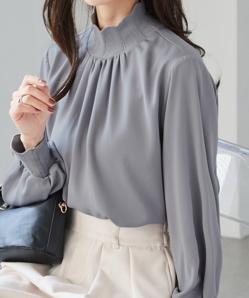 epa グレー ハイネック ボリューム袖 M セール】リブニット切替ボリューム袖ハイネックブラウス（シャツ