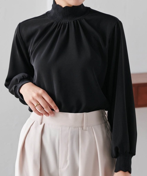 セール】リブニット切替ボリューム袖ハイネックブラウス（シャツ