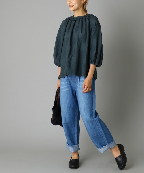 PUAL CE CIN（ピュアルセシン）の「綿麻デニムタックパンツ（デニムパンツ・レディース・インディゴブルー/ブルー・FREE）」の8枚目の写真